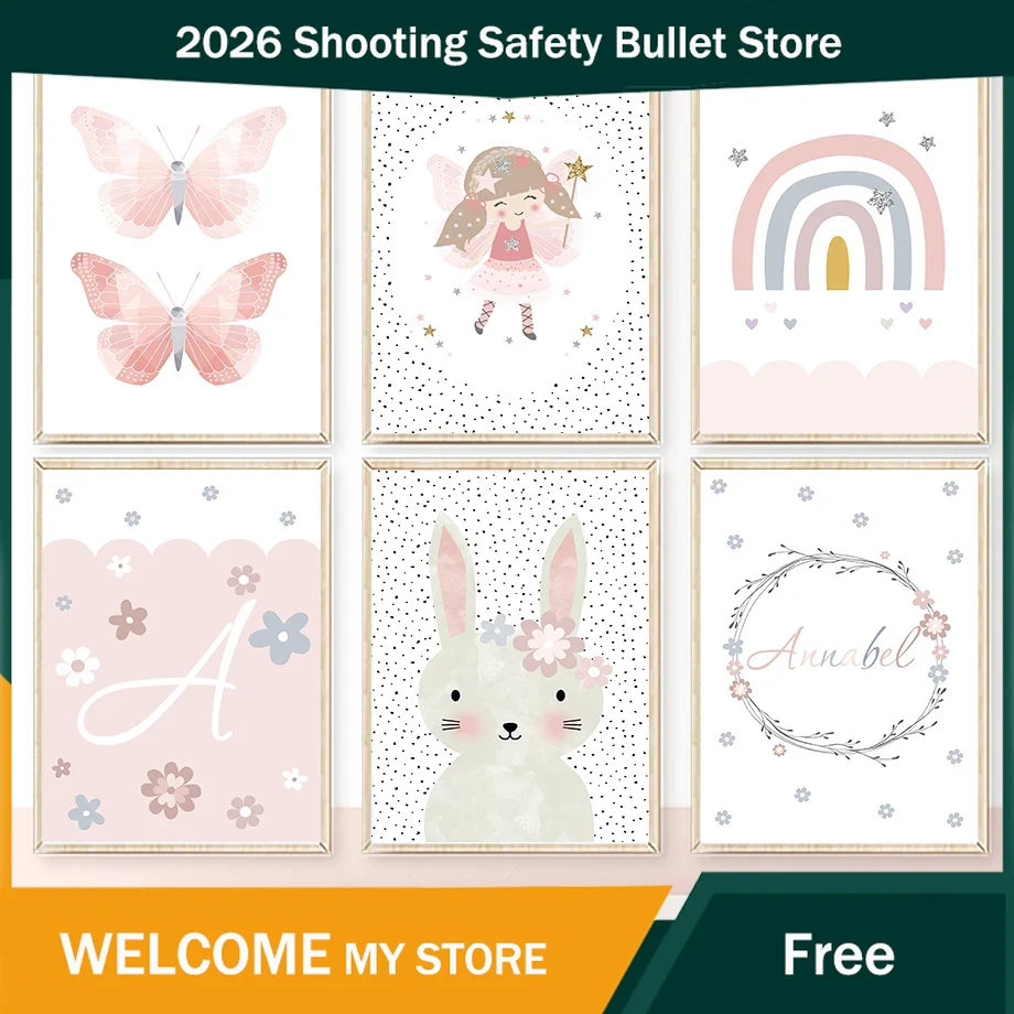 Baby Nursery Pictures - Cute Girl Rabbit Flower Butterfly Rainbow