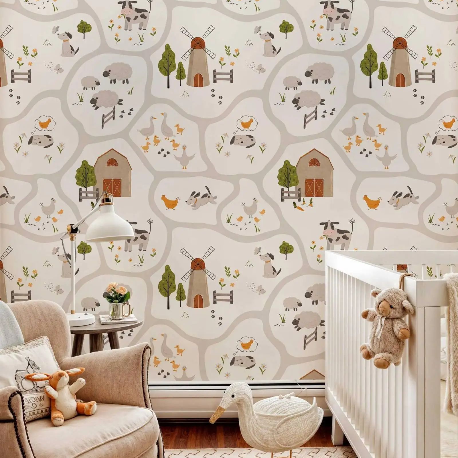 Baby Nursery Peel And Stick Wallpaper - Cute Farm Animals Kids Wallpaper Peel