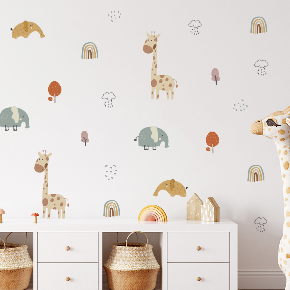 Baby Nursery Tree - Cartoon Giraffe Elephant Animal Wall Sticker